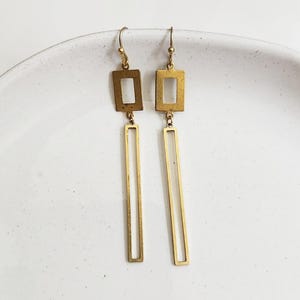 Sleek Chic Long Rectangle and Bar Brass & Stainless Steel Post and Dangle Simple Statement Geometric Earrings, Classic Modern Boho Jewelry