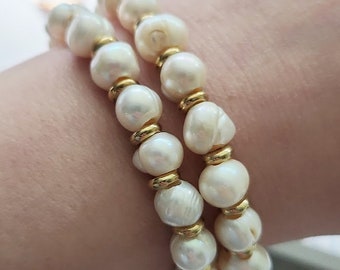 Natural White Pearl and Brass Stackable Beaded Stretch Bracelets, Bridal Jewelry, June Birthstone, Sacral Chakra, Faith, Positivity Gemstone