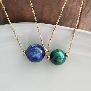 Natural Smooth Blue Kyanite and Green Malachite Globe Focal Necklaces with Brass Ball Chain, Chakra Stones, Good Fortune & Strength Crystals