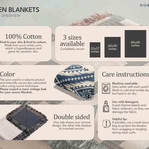 Puede incluir: Descripci&oacute;n general de mantas tejidas. Caracter&iacute;sticas: 100% algod&oacute;n, tres tama&ntilde;os disponibles (132x94, 152x127, y 203x152 cm), dise&ntilde;o reversible e instrucciones de cuidado. Las mantas son lavables a m&aacute;quina y est&aacute;n hechas de algod&oacute;n hipoalerg&eacute;nico.