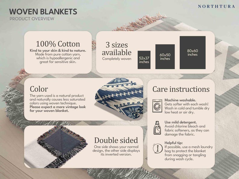 Puede incluir: Descripci&oacute;n general de mantas tejidas. Caracter&iacute;sticas: 100% algod&oacute;n, tres tama&ntilde;os disponibles (132x94, 152x127, y 203x152 cm), dise&ntilde;o reversible e instrucciones de cuidado. Las mantas son lavables a m&aacute;quina y est&aacute;n hechas de algod&oacute;n hipoalerg&eacute;nico.