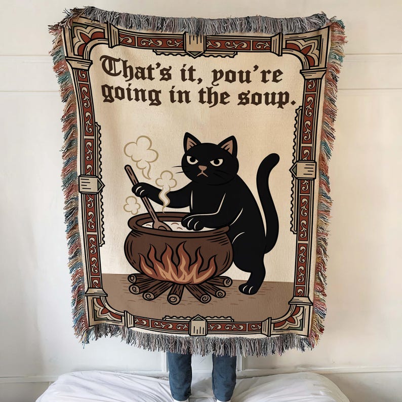 Manta de tapiz medieval para una decoración del hogar original, divertida manta tejida estilo cottagecore, tapiz de gato, Dark Academia imagen 6