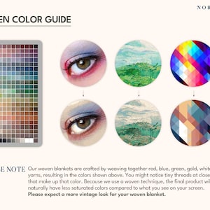 May include: A color guide for woven blankets, featuring a palette of colors and artistic circular designs. The guide includes the text "WOVEN COLOR GUIDE" and a note about the weaving process and color saturation.