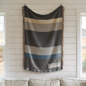 May include: A woven blanket with a striped pattern in shades of black, beige, gray, and blue, with a fringed edge. The blanket is hanging on a white wall. The text "The Smiths" is visible on a rectangular patch.