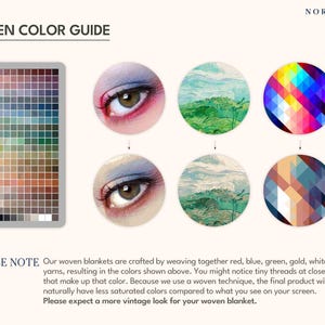 Puede incluir: Una gu&iacute;a de colores para mantas tejidas, con una paleta de colores y dise&ntilde;os circulares art&iacute;sticos. La gu&iacute;a incluye el texto "WOVEN COLOR GUIDE" y una nota sobre el proceso de tejido y la saturaci&oacute;n del color.