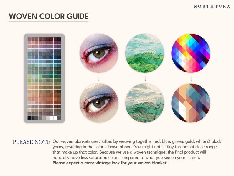 Puede incluir: Una gu&iacute;a de colores para mantas tejidas, con una paleta de colores y dise&ntilde;os circulares art&iacute;sticos. La gu&iacute;a incluye el texto "WOVEN COLOR GUIDE" y una nota sobre el proceso de tejido y la saturaci&oacute;n del color.