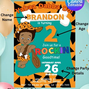 Customizable Party Invitation | African American BAM BAM Party Invitation | Kids Birthday | Yabba Dabba Do! | Editable Digital File