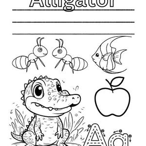Może przedstawiać: Czarno-biała strona do kolorowania przedstawiająca aligatora, mrówki, rybę, jabłko i literę 'A'. Słowo 'Alligator' jest napisane na górze strony.