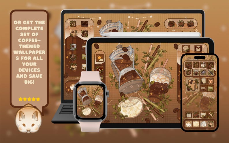 Tablet theme Coffee: animated iPad wallpaper, cozy icons pack  for iOS, Android. Cozy animated Tablet theme set coffee