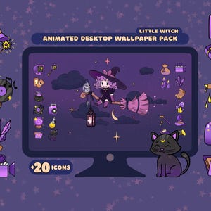Set di sfondi per desktop Cozy Witch: sfondi animati + schermate di blocco + pacchetto di icone