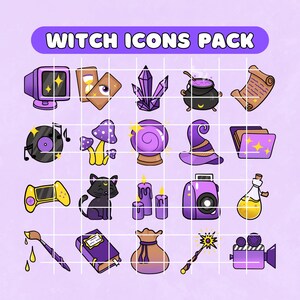 May include: A set of 16 witch-themed icons in a grid. The icons include a crystal, a cauldron, a spell book, a cat, a wand, a potion bottle, a music record, a mushroom, a candle, a camera, a scroll, a tarot card, a magic ball, a witch hat, a paintbrush, a money bag, and a film reel.