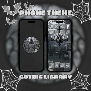 May include: Two smartphones showcasing a gothic-themed phone theme. One displays a stained-glass window design, the other a library scene with a chandelier and app icons. The words "PHONE THEME" and "GOTHIC LIBRARY" are displayed.