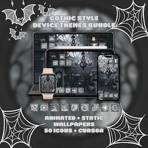 Könnte beinhalten: Ein digitales Kunstpaket mit Gothic-Thema, dargestellt auf einem Laptop, Tablet, Smartphone und einer Smartwatch. Die Geräte zeigen animierte und statische Hintergrundbilder, 50 Symbole und einen Cursor. Das Design umfasst Fledermäuse, Spinnennetze und ein dunkles, verziertes Interieur.