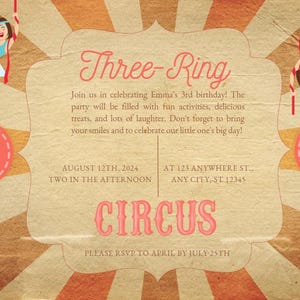 Op de afbeelding: Een vintage-stijl circus-thema verjaardagsuitnodiging met een rood-wit gestreept tentdak, een rood-wit gestreepte achtergrond en de tekst "Three-Ring Circus". De uitnodiging bevat de datum "12 augustus 2024", de tijd "Twee uur 's middags" en de locatie "At 123 Anywhere St., Any City, ST 12345".