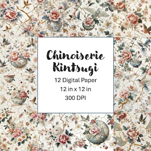 Könnte beinhalten: Ein digitales Papierpaket mit 12 Designs mit einem Chinoiserie-Kintsugi-Muster. Das Muster enthält rosa Blumen, blaues und weißes Porzellan, Vögel und goldene Akzente auf weißem Hintergrund. Der Text "Chinoiserie Kintsugi 12 Digital Paper 12 in x 12 in 300 DPI" wird auf einem weißen Rechteck angezeigt.