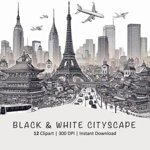 Clipart de paisagem urbana em preto e branco | Arte digital de alta resolução | PNG transparente de 300 DPI para artesanato e decoração | Download instantâneo