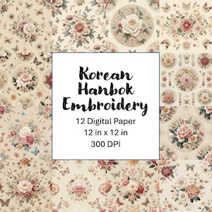 koreanisches Hanbok Stickerei digitales Papier – koreanisches nahtloses Blumenmuster mit Pfingstrosen, Chrysanthemen & Schmetterlingen – hohe Auflösung 300 dpi
