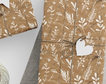 White Botanical Sketch Wrapping Paper | Kraft Brown Floral Roll
