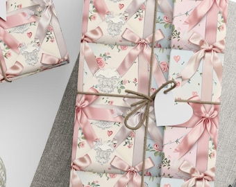 Pink Ribbon Floral Wrapping Paper | Gift Wrap Roll, Bow Pattern