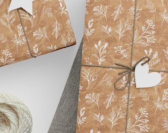 White Botanical Kraft Wrapping Paper roll | Floral Patterned Gift Wrap