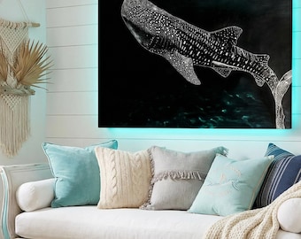 Whale Shark Wall Art Canvas | Ocean Wildlife Print | Marine Life Decor | Black & White Sea Art | Coastal Home Artwork