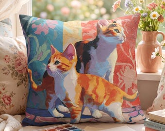 Colorful Cat Pillow Cover, Vibrant Watercolor Cushion with Playful Design