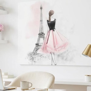 Elegant Parisian Chic Wall Art Woman in Dress by Eiffel Tower Fashion Illustration Canvas Print image 1