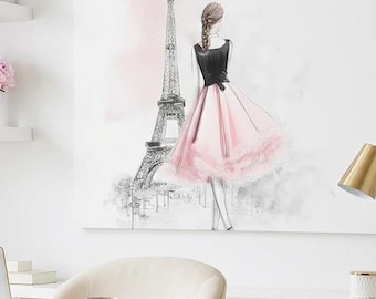 Elegant Parisian Chic Wall Art Woman in Dress by Eiffel Tower Fashion Illustration Canvas Print