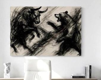 Bull vs Bear Charcoal Drawing Canvas Print  Powerful Stock Market Wall Art