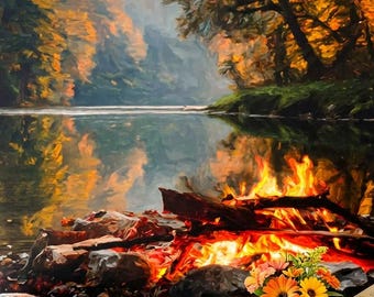 Canvas Wall Art, Campfire by the Lake - Autumn Forest Oil Painting Landscape, Cozy Rustic Decor, Cabin Wall Decor, Nature Inspired Gift,