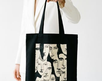 Bolsa de tela de algodón con estampado de rostros abstractos / Arte lineal minimalista, bolsa de la compra reutilizable