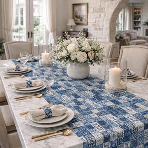 Caminho de mesa com estampa patchwork azul | Azulejo xadrez em denim índigo imagem 3