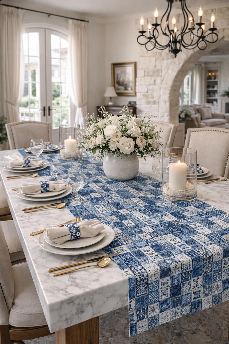 Caminho de mesa com estampa patchwork azul | Azulejo xadrez em denim índigo imagem 3