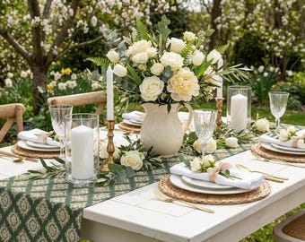 Green Table Runner with Vintage Tile Pattern | Decorative Dining Linen