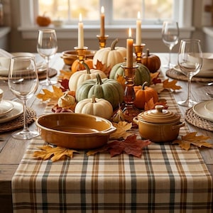 Plaid Table Runner in Beige, Classic Kitchen Decor