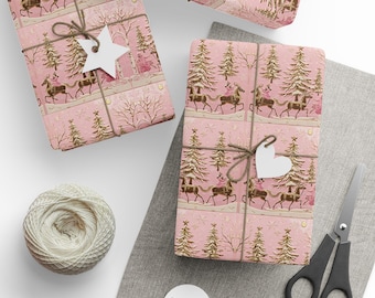 Luxury Pink and Gold Christmas Characters Wrapping Papers | Elegant Holiday Gift Wrap