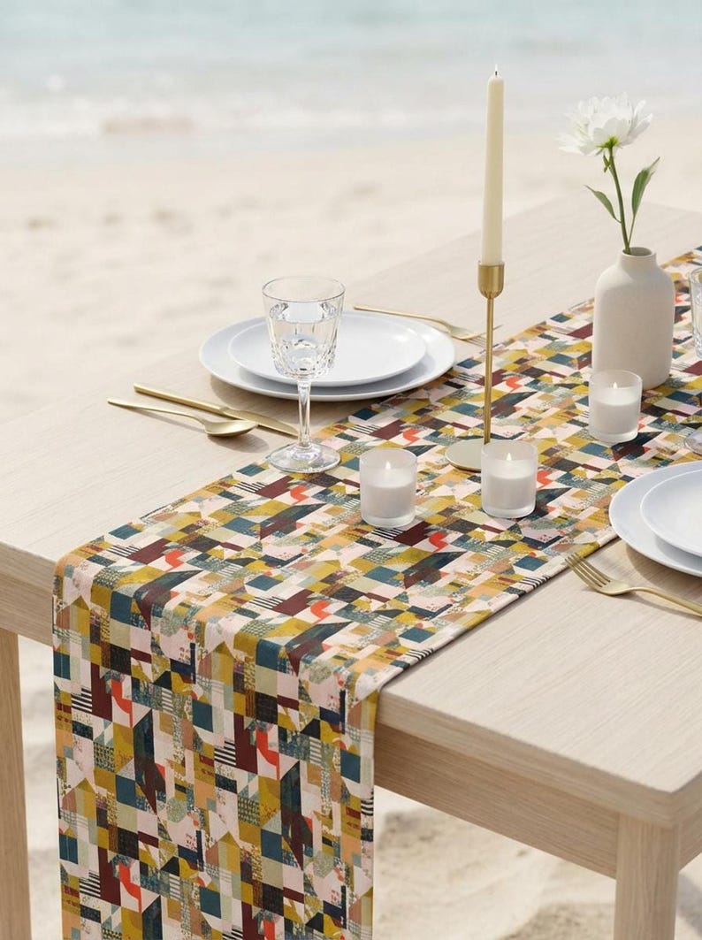 Runner da tavola con motivo geometrico patchwork, moderno misto cotone-poliestere per la sala da pranzo immagine 12