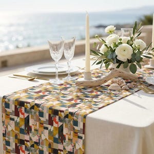 Runner da tavola con motivo geometrico patchwork, moderno misto cotone-poliestere per la sala da pranzo immagine 5