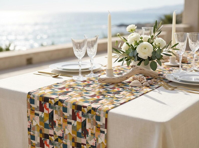 Runner da tavola con motivo geometrico patchwork, moderno misto cotone-poliestere per la sala da pranzo immagine 5