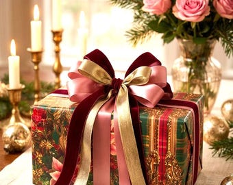Christmas Wrapping Paper Baroque Plaid Floral Rococo Design