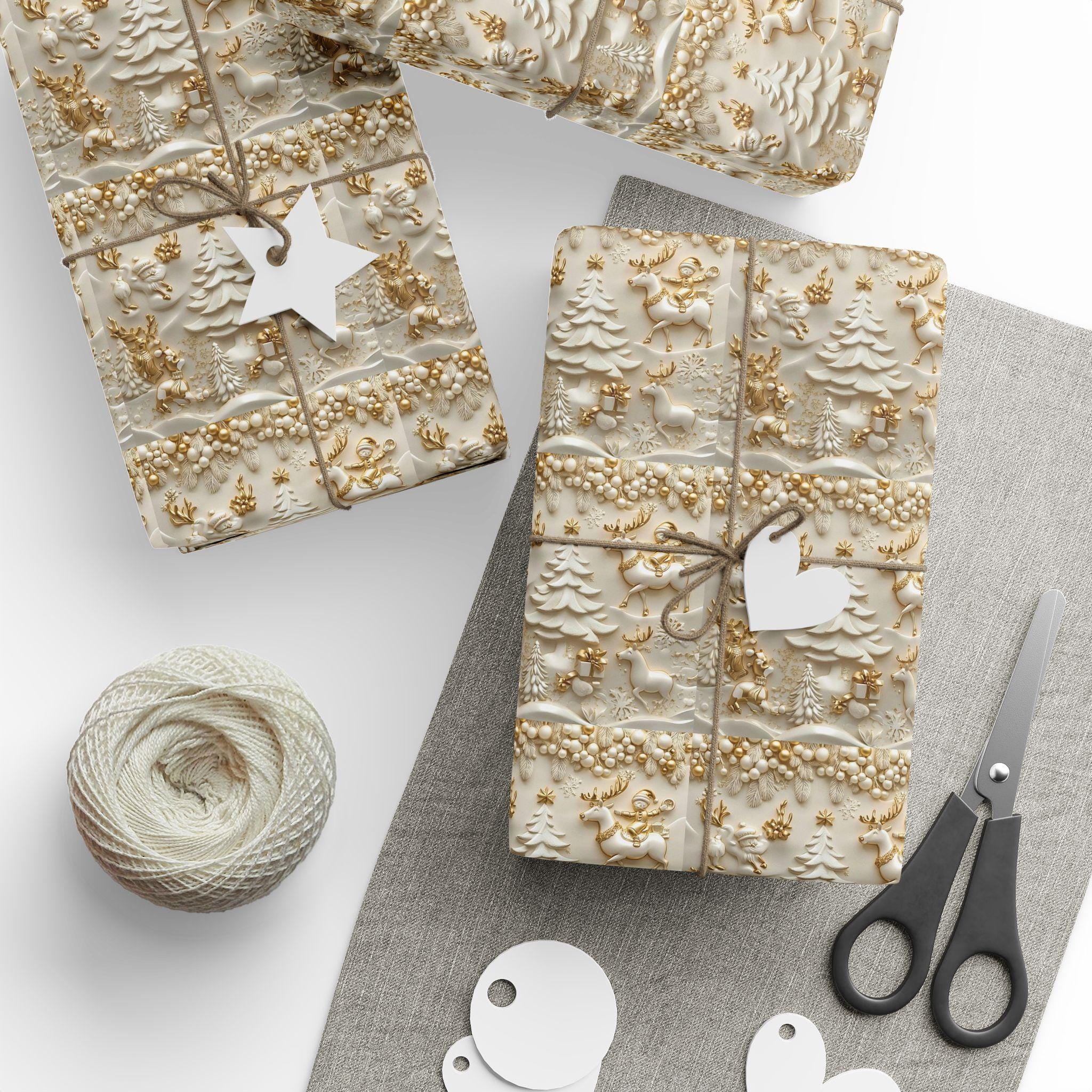Wrapping Paper, Luxury Golden Christmas Design with 3D Characters, Holiday Gift Wrap, Festive Decor, Elegant Presents, Modern Twist
