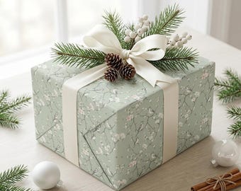 Sage Green Gift Wrap, Botanical Bird Floral Wrapping Paper Roll