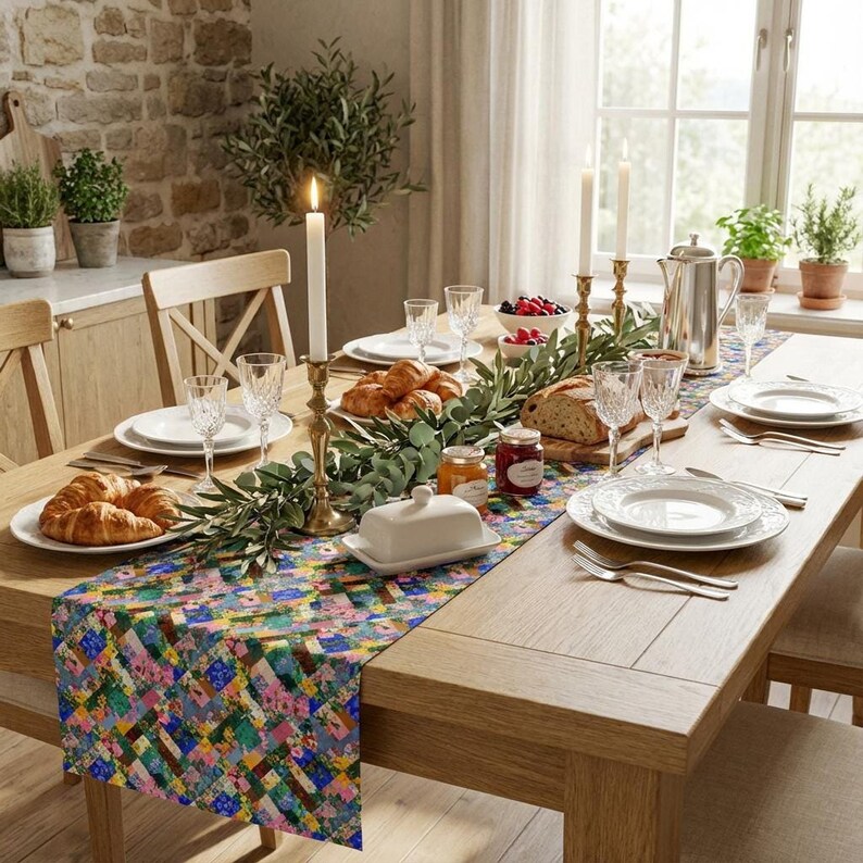 A colorful patchwork floral table runner styled down a light wood farmhouse dining table. The bright rustic table setting features a fresh olive branch garland, brass taper candlesticks, white dinner plates, crystal glassware, fresh croissants, sliced artisan bread, jam jars, and a silver coffee pot.