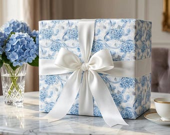 Papel de regalo con estampado floral de hortensias azules / Rollo de papel de regalo con estampado floral