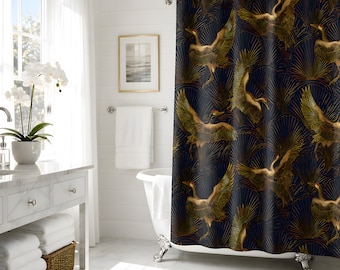 Black Gold Crane Shower Curtain, Art Deco Navy Design for Modern Bathrooms