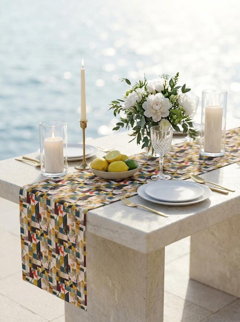 Runner da tavola con motivo geometrico patchwork, moderno misto cotone-poliestere per la sala da pranzo immagine 9