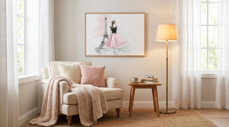 Elegant Parisian Chic Wall Art Woman in Dress by Eiffel Tower Fashion Illustration Canvas Print image 5