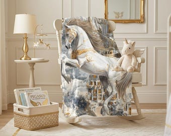 White Pegasus Horse Velveteen Plush Blanket  Mythical Castle Clouds