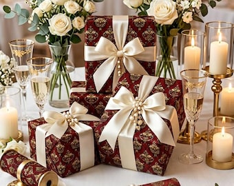 Papel de regalo navideño de lujo dorado rococó, papel de regalo festivo