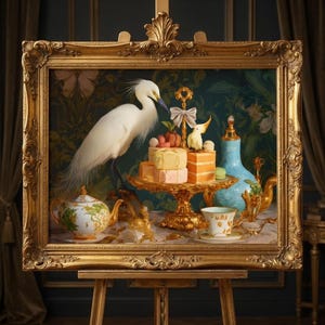 Cuadro de lienzo con garza barroca en un postre. Elegante bodegón de aves con dulces y detalles dorados. Decoración de lujo para cocina y comedor. Impreso en EE. UU.
